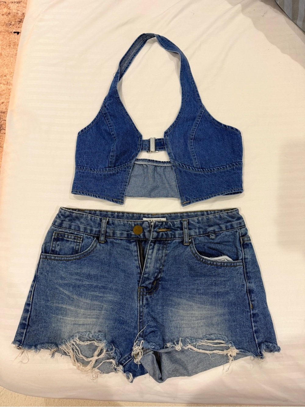 Denim Halter Crop Top and Distressed Shorts Set - Blue